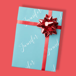 Papier Cadeau Votre nom Élégant script blanc sur Robin Oeuf Bl