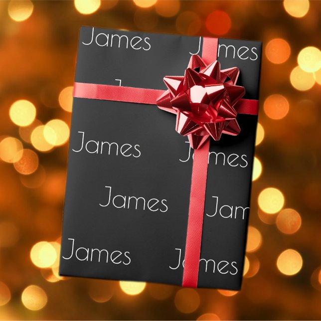 Papier Cadeau Votre nom | Style blanc moderne sur noir (Créateur téléchargé)