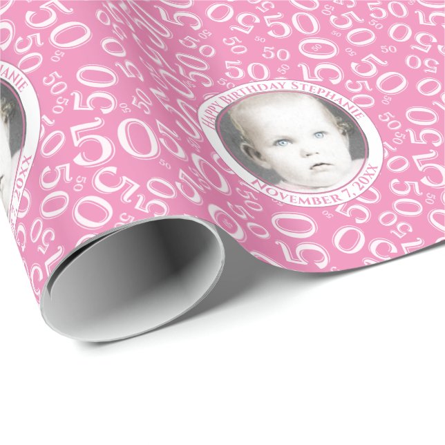 Papier Cadeau Votre photo | 50e Motif de nombre aléatoire rose (Coin rond)