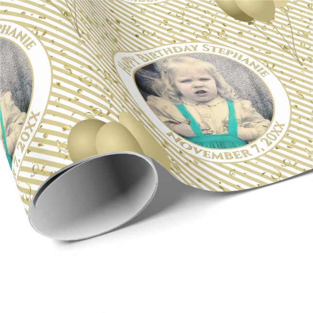 Papier Cadeau Votre texte.Photo Gold/White Simple Stripes Motif (Coin rond)