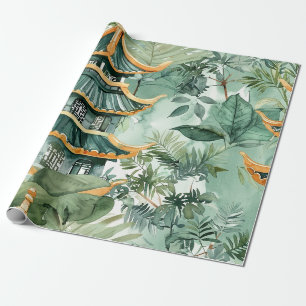 Papier Cadeau Voyage dans la forêt de pagodes asiatiques vintage