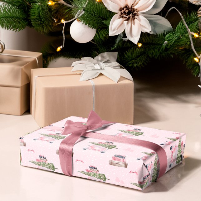 Papier Cadeau Voyage de Noël Voiture d'aquarelle rose chic (Christmas Road Trip Chic Pink Retro Watercolor Car Wrapping Paper)