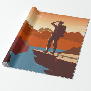 Papier Cadeau Voyageur ou explorateur avec sac à dos, debout su