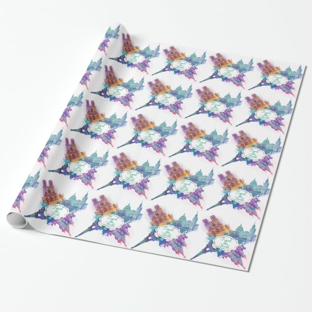 Papier Cadeau Voyagez dans le monde motif d'architecture (Déroulé)