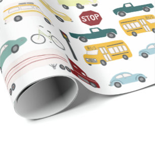 Papier Cadeau Vroom ! Blanc de vélo d'autobus de camions de