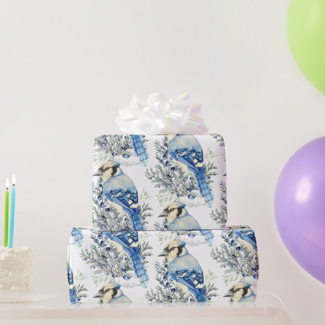 Papier Cadeau Watercolor Blue Jay Bird Blueberries Country Art (Cadeaux de fête)