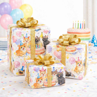 Papier Cadeau Watercolor Cat Birthday Party Wrapping Paper