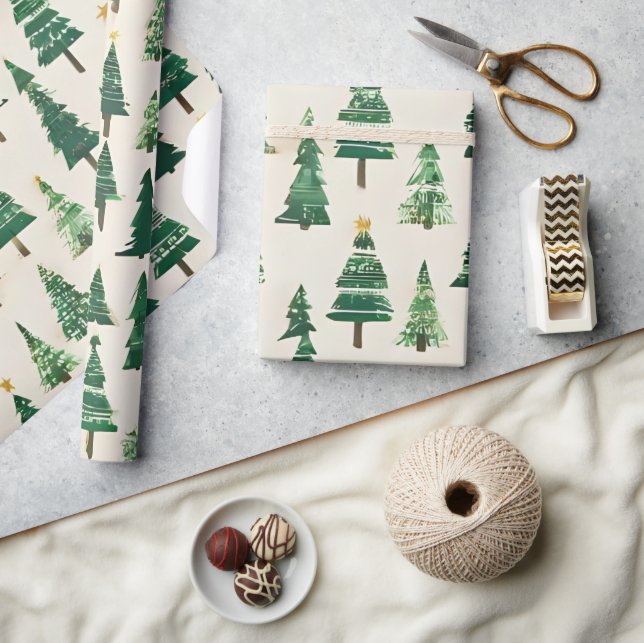 Papier Cadeau Watercolor Christmas Trees | Green Pine Holiday (Artisanat)