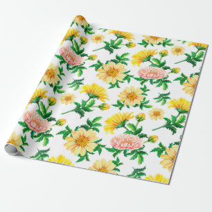 Papier Cadeau Watercolor chrysanthemums. Yellow flowers with gre