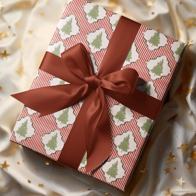 Papier Cadeau Watercolor Coquette Christmas Tree Striped Pattern (Créateur téléchargé)