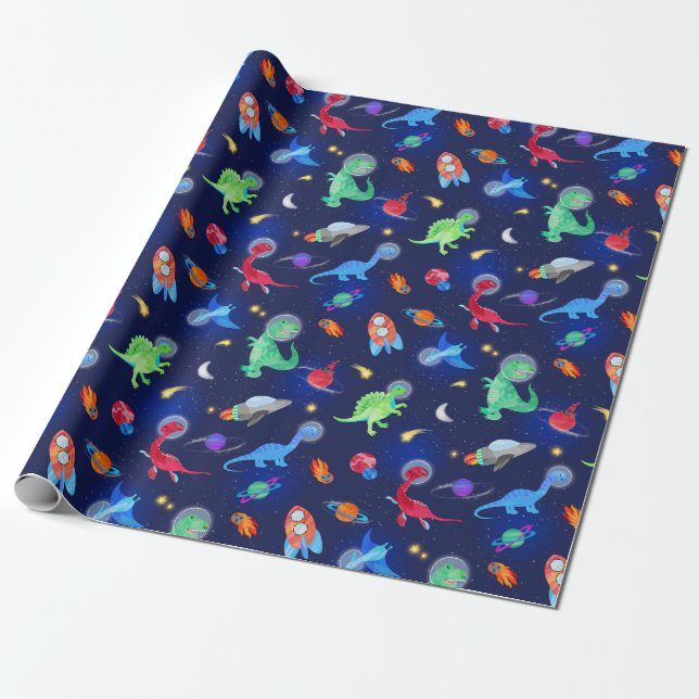 Papier Cadeau Watercolor Dinosaur Astronauts In Space Blue (Déroulé)