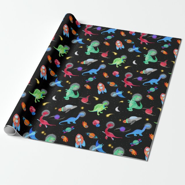 Papier Cadeau Watercolor Dinosaur Astronauts In Space Blue (Déroulé)