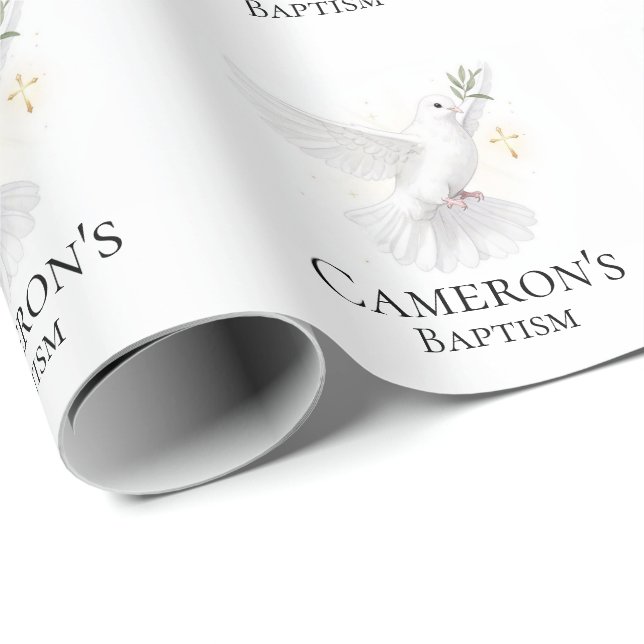 Papier Cadeau Watercolor Dove and Gold Cross Elegant Baptism (Coin rond)