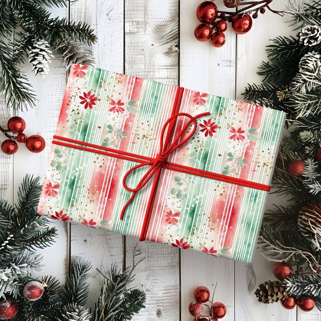 Papier Cadeau Watercolor Floral Striped Holiday (Créateur téléchargé)