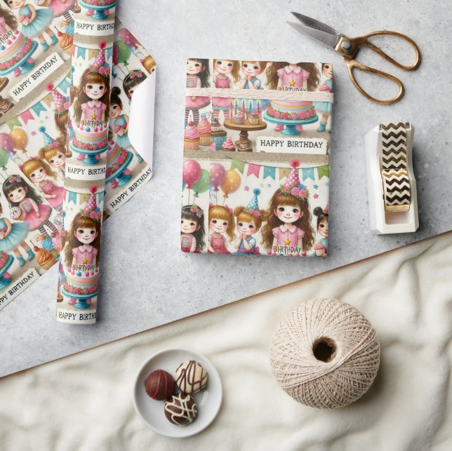 Papier Cadeau Watercolor Girls Happy Birthday Wrapper Paper (Artisanat)