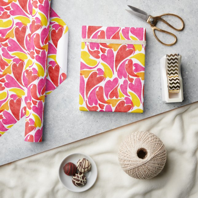 Papier Cadeau Watercolor Hearts Valentines Love Pink Red Yellow (Artisanat)