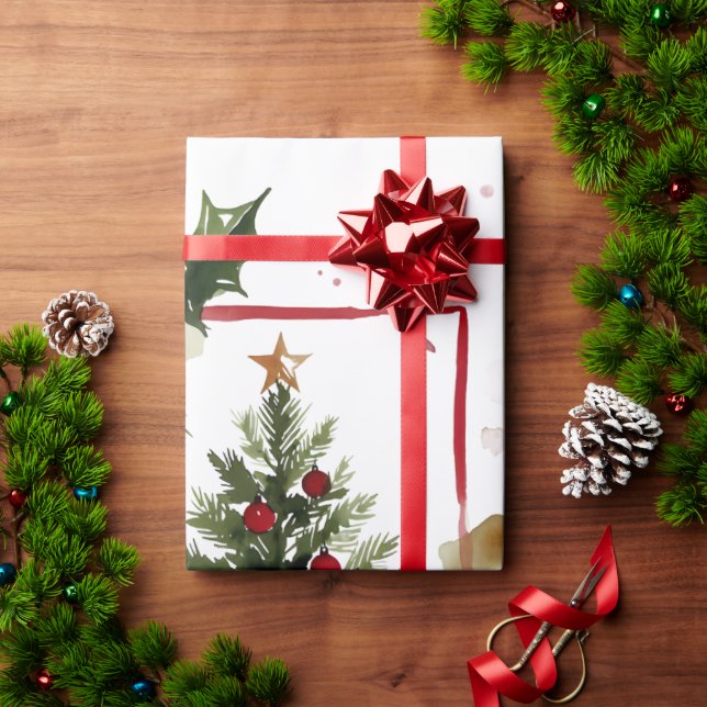 Papier Cadeau Watercolor Holly Berries Christmas Tree Holiday (Cadeau de vacances)