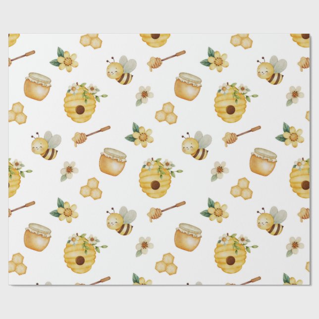 Papier Cadeau Watercolor Honey Bee Wrapping Paper (Plat)