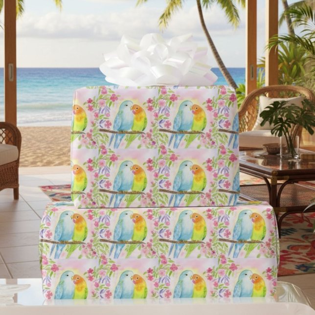 Papier Cadeau Watercolor Love Birds with Pink Flowers (Créateur téléchargé)