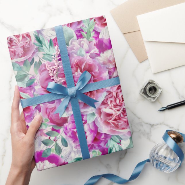 Papier Cadeau Watercolor Lush Pink Peonies & Green Teal Leaves (Cadeaux)