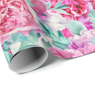 Papier Cadeau Watercolor Lush Pink Peonies & Green Teal Leaves