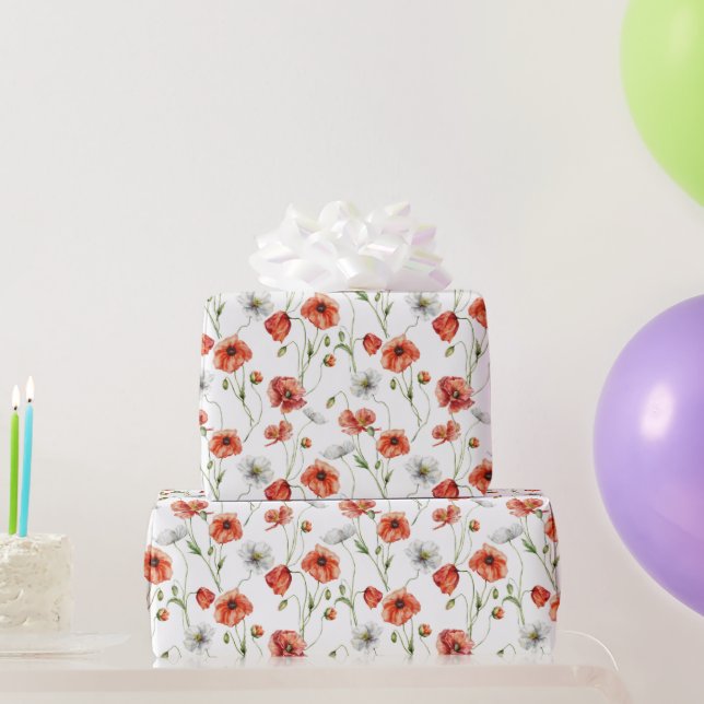 Papier Cadeau Watercolor Meadow Poppies And White Wildflowers  (Cadeaux de fête)
