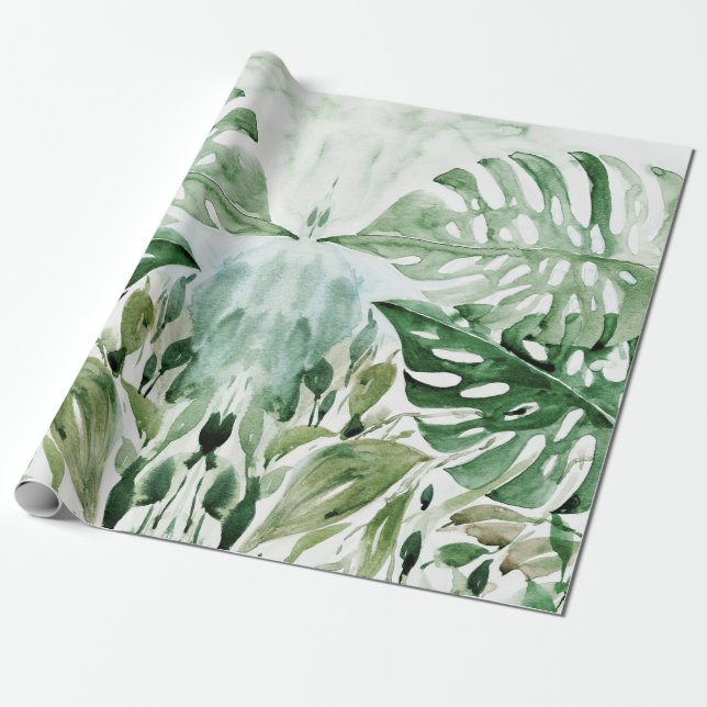 Papier Cadeau Watercolor moderne Tropical Monstera Feuille Party (Déroulé)
