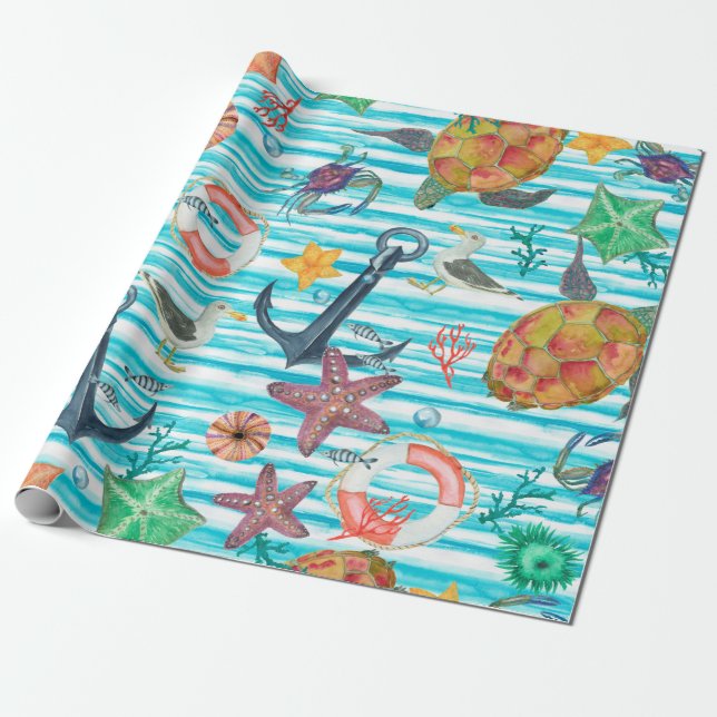 Papier Cadeau Watercolor painting seamless pattern with turtles, (Déroulé)