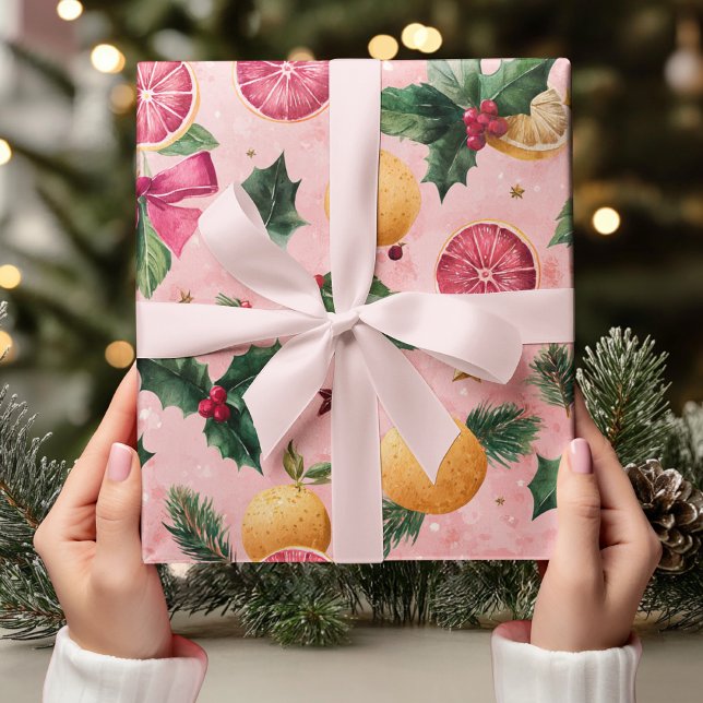 Papier Cadeau Watercolor Pink Citrus Christmas  (Créateur téléchargé)