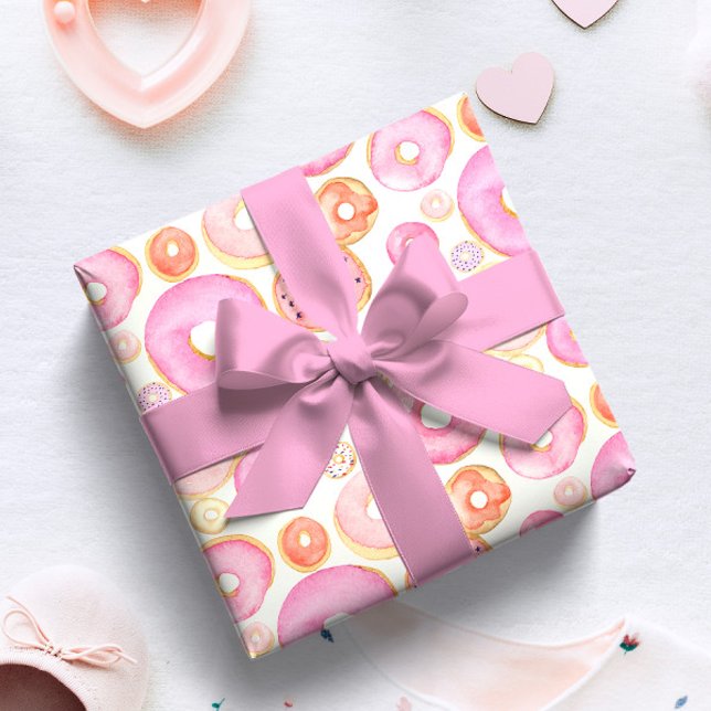 Papier Cadeau Watercolor Pink Doughnuts Baby Girl Shower (Créateur téléchargé)