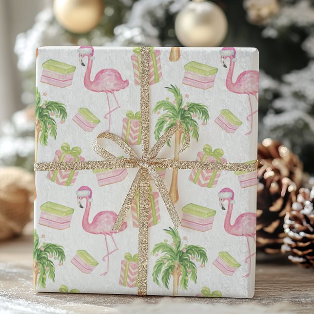 Papier Cadeau Watercolor Pink Flamingo Beach Christmas (Créateur téléchargé)