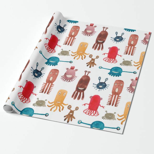 Papier Cadeau Watercolor seamless pattern of funny monsters and  (Déroulé)