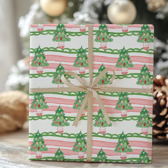 Papier Cadeau Watercolor Whimsical Striped Christmas Trees (Créateur téléchargé)