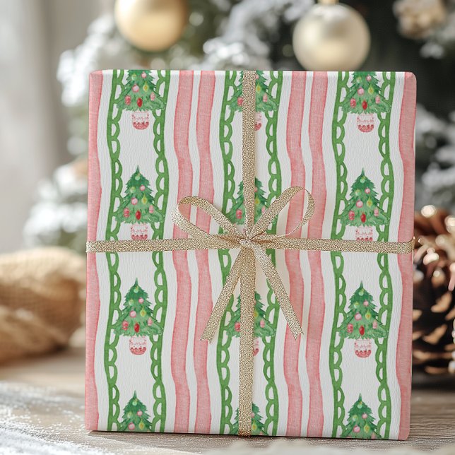 Papier Cadeau Watercolor Whimsical Striped Christmas Trees (Créateur téléchargé)