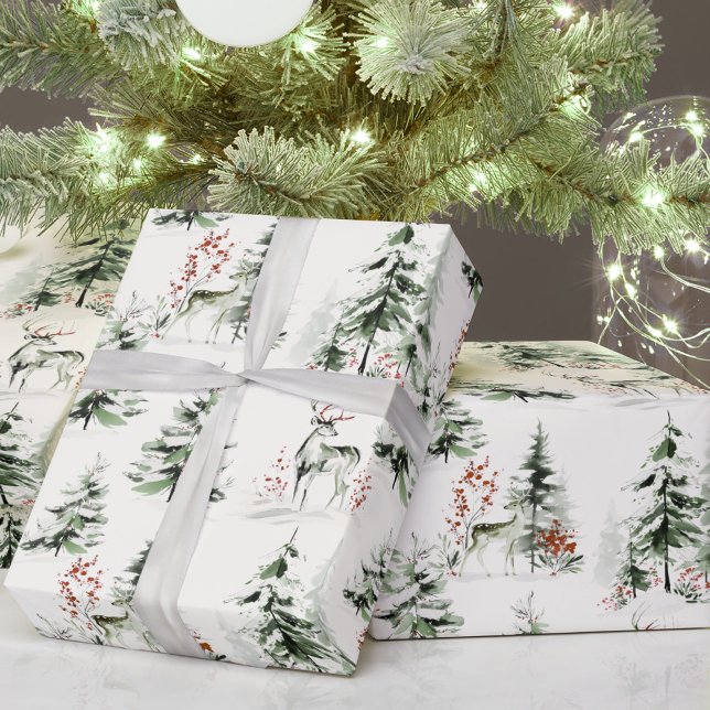 Papier Cadeau Watercolor Winter Forest Holiday Wrapping Paper (Créateur téléchargé)