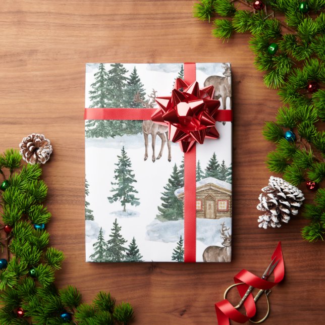 Papier Cadeau Watercolor Winter Wonderland Rustic Barn Christmas (Cadeau de vacances)