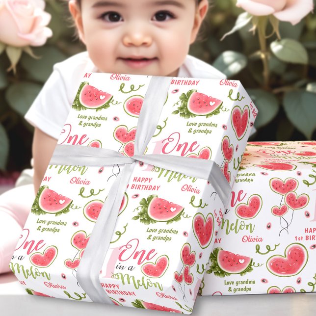 Papier Cadeau Watermelon rose Été 1er Anniversaire Fille Nom Tex (Watermelon Pink Summer 1st Birthday Girl Name Text Wrapping Paper)