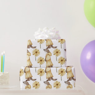 Papier Cadeau Weasel habillé en Jaune rayé, Fleurs Jaunes