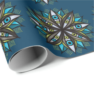 Papier Cadeau Weird Eyes Mandala Art - Trippy Flower Blue Green