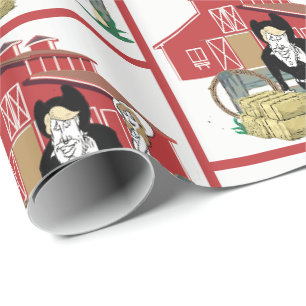 Papier Cadeau Western Cartoon Mariage Couple Ranch Scène Grange