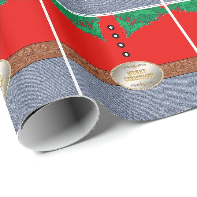 Papier Cadeau Western Cowboy Père Noël Belt Buckle Red Shirt Jea (Coin rond)