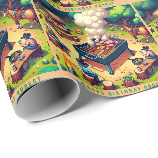 Papier Cadeau Western Cowboys Cuisine Grilling Cadeau personnali (Coin rond)