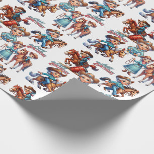 Papier Cadeau Western Rodeo Cowgirl avec des chevaux et des enfa