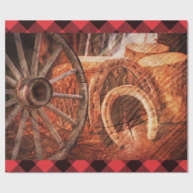 Papier Cadeau Western Wagon Wheel Horseshoes Rustique (Plat)