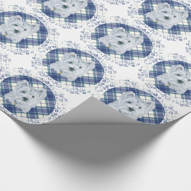Papier Cadeau Westie sur Tartan (Coin)