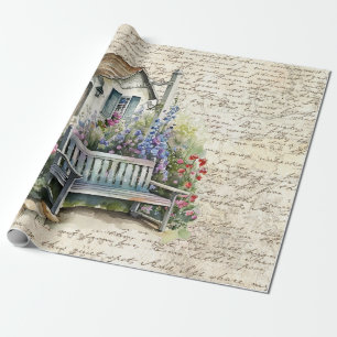 Papier Cadeau Whimsical Anglais Cottage Flower Garden Old Letter