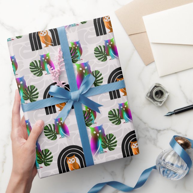 Papier Cadeau Whimsical Boho Owl & Tropical Monstera Leaf (Cadeaux)
