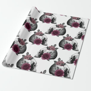 Papier Cadeau Whimsical Bourgogne Floral Skulls Gothique Mariage