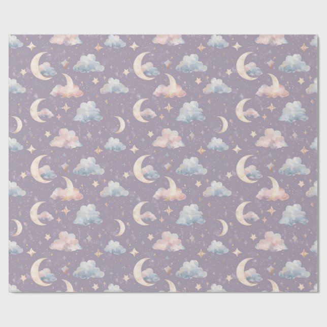 Papier Cadeau Whimsical Celestial Watercolor Moon Stars Clouds (Plat)