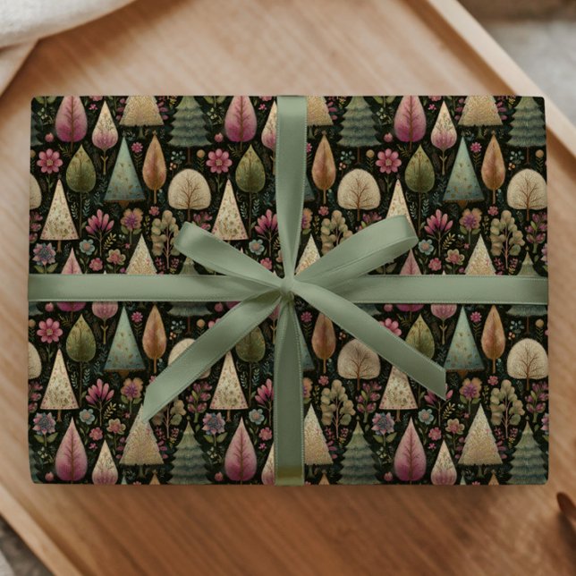 Papier Cadeau Whimsical Christmas Trees in Green and Pink Gift (Créateur téléchargé)